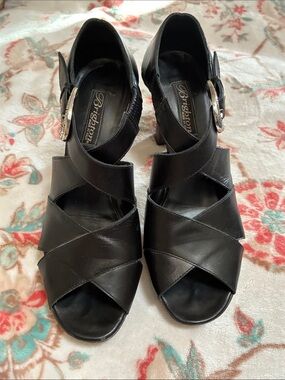 Brighton Black Leather Crisscross Sandal with Decorative Buckle